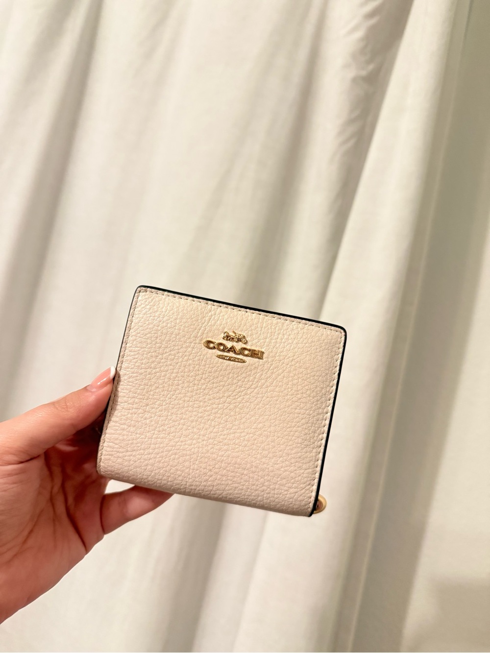 Coach Pebbled Leather Compact Wallet in Cream with Gold Logo